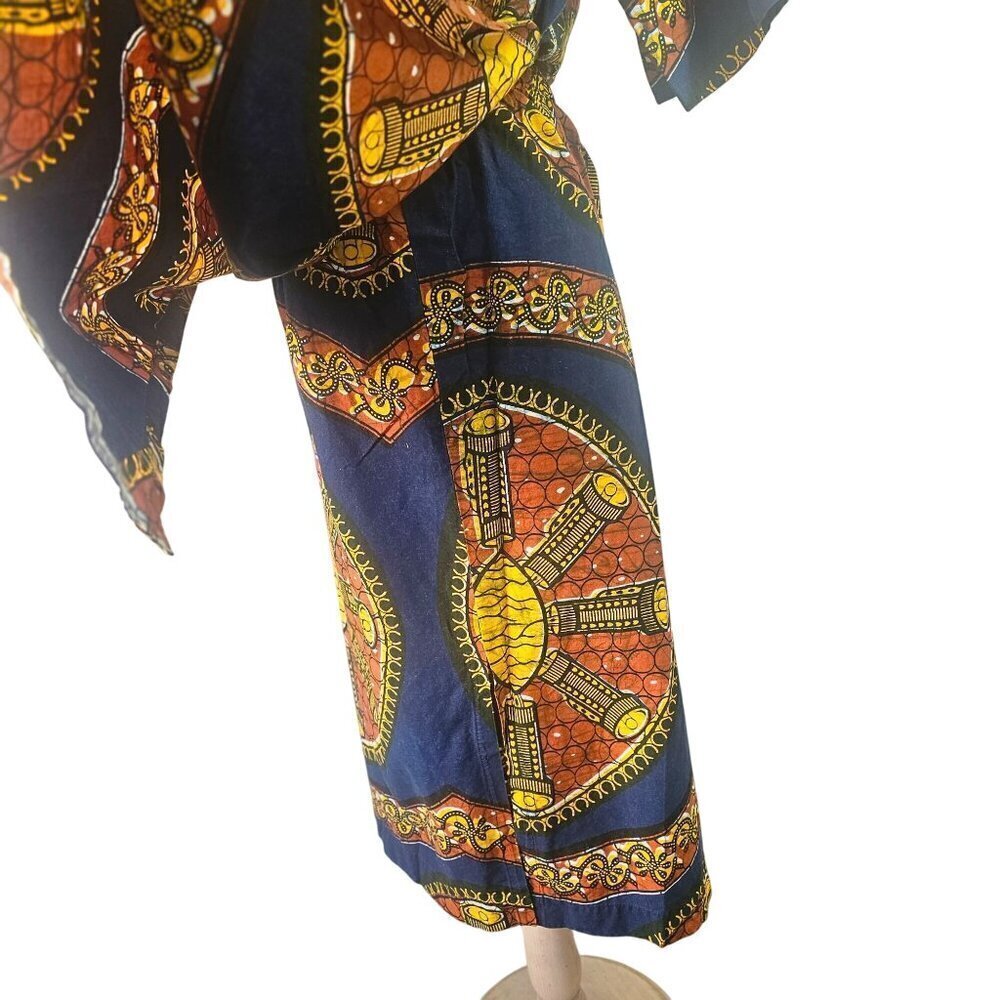 Handmade Y2K African 2-Pc Set Women Sz M/L Embroidery Ankara Tunic + Midi Skirt